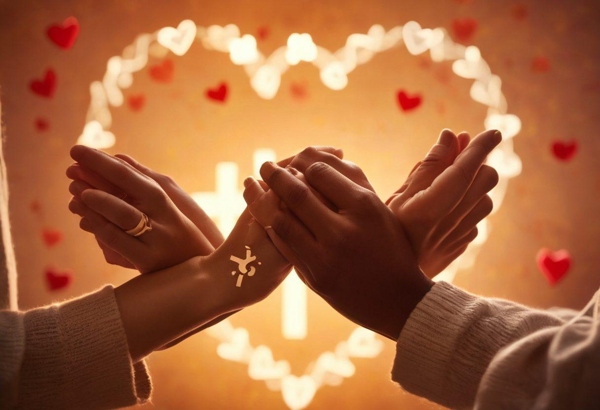 A romantic scene featuring a couple holding hands, surrounded by hearts and a soft glow representing affection. In the background, subtle symbols of sexual health like hearts with medical cross signs and intertwined vines to symbolize connections. The overall atmosphere is warm and inviting, emphasizing the theme of understanding relationships. vibrant colors. soft focus.
