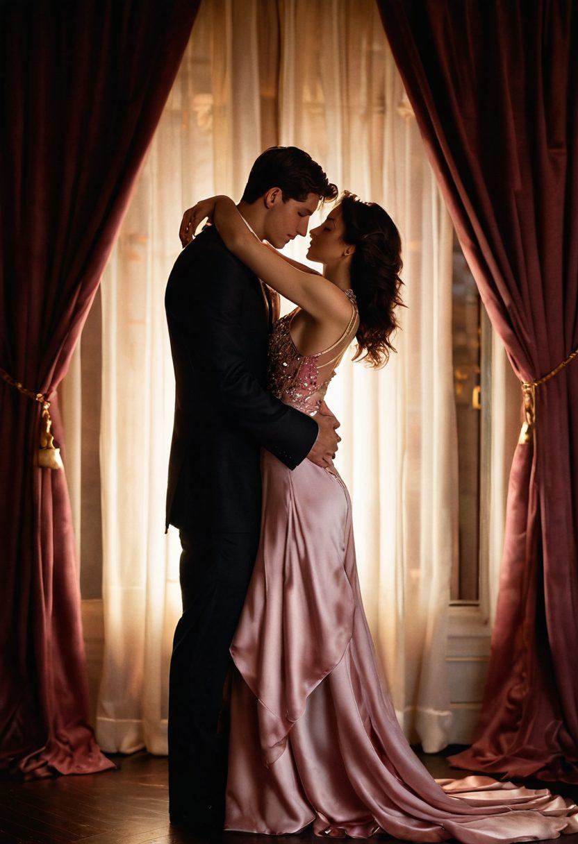 A beautifully evocative scene depicting a couple entwined in a passionate embrace under soft, dim lighting that highlights their intimate expressions. The background features velvet drapes and subtle floral elements, creating a sense of warmth and romance. A gentle shimmer of candlelight casts enchanting shadows, representing the fusion of desire and connection. The color palette includes deep reds, soft pinks, and gold accents, evoking emotions of sensuality and intimacy. painterly style. warm tones. soft focus.