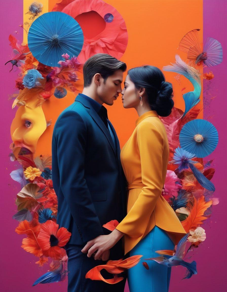 A dynamic and colorful collage showcasing diverse couples engaged in various passionate encounters, symbolizing evolution from classic romance to modern expressions of love, set against an abstract cultural backdrop with elements representing technology and tradition. super-realistic. vibrant colors. 3D effect.